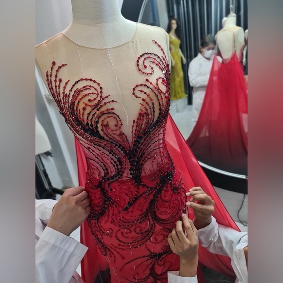 GL Garlate Red Beaded Pageant Gown Illusion Slit Cape Train Formal Dress - Picture 9 of 11